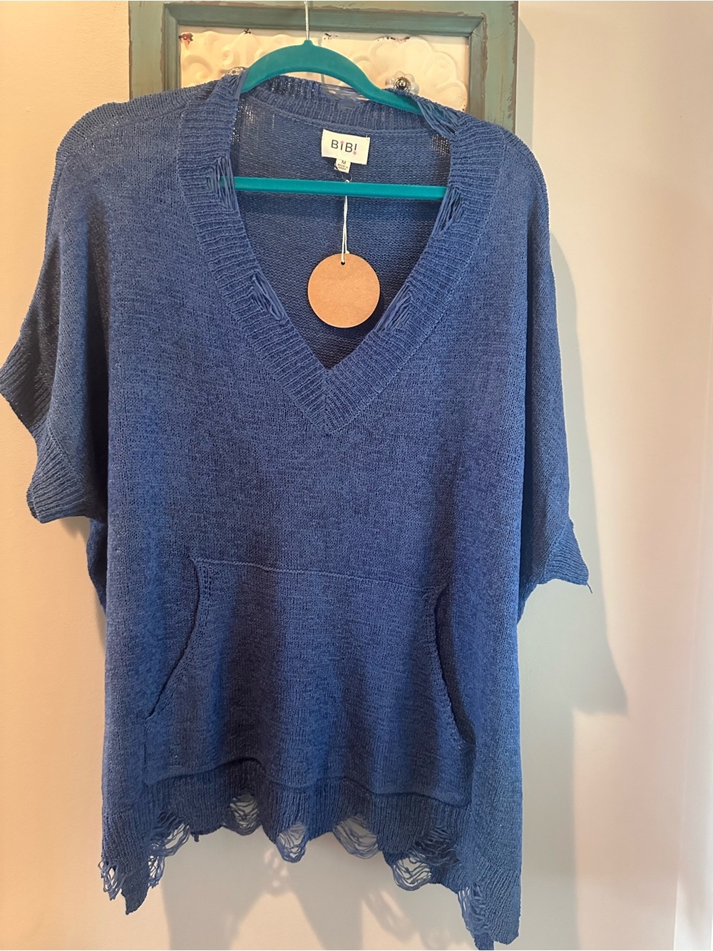 BiBi Blue V-Neck Distressed Knit Sweater